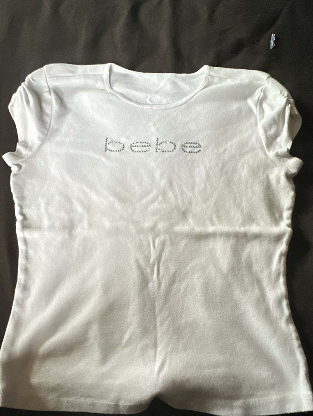 bebe White Short Sleeve Tee with Rhinestone Logo